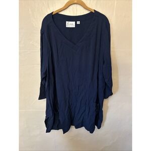 Linea By Louis 3X Navy Pebble Crepe V Neck Top Blouse With‎ Button Details